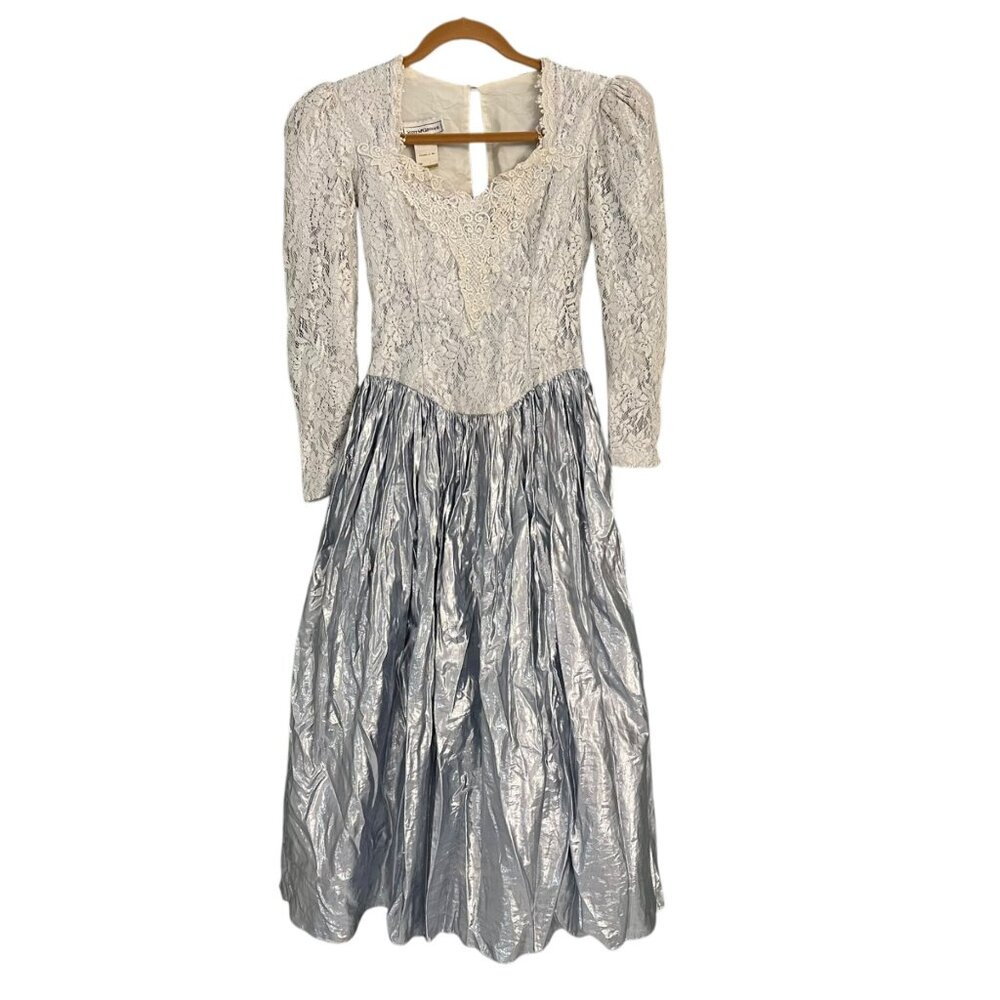 Vintage Scott McClintock Metallic Silver Lace & Satin Long Sleeve Dress 6